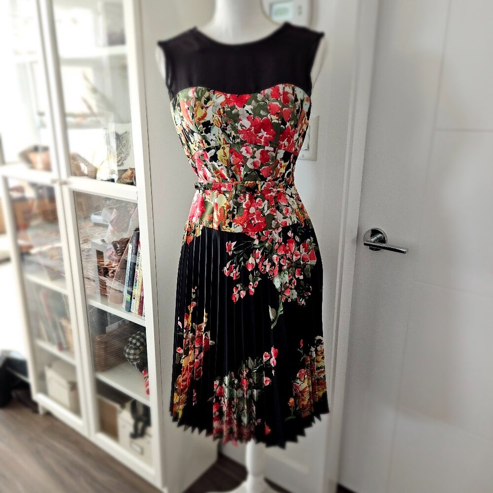 Tristan Floral Pleated Dress - Navy & Multi Colour